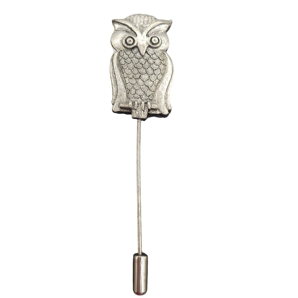 Vtg Owl Bird Signed Metzke Pewter‎ Stick Pin Cottagecore c 1970's Forest Animal